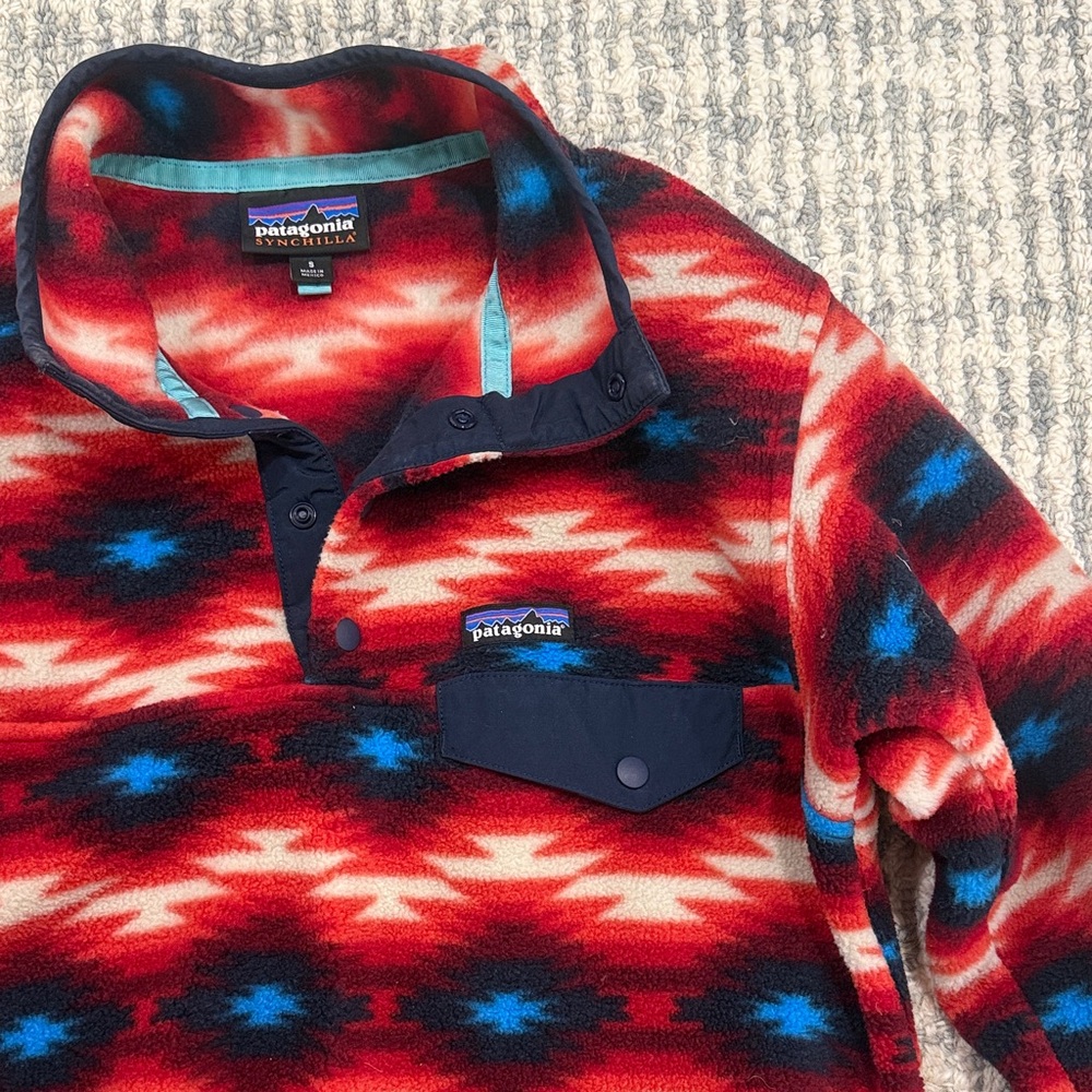 Patagonia Red Aztec-Pattern Snap Pullover with Bl… - image 3